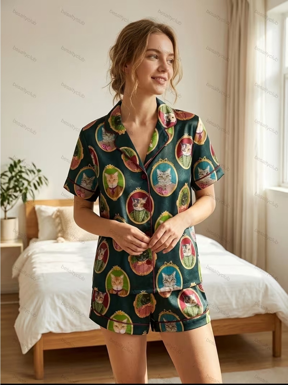 Unlisted Green Cat Portrait Short Pajama Set